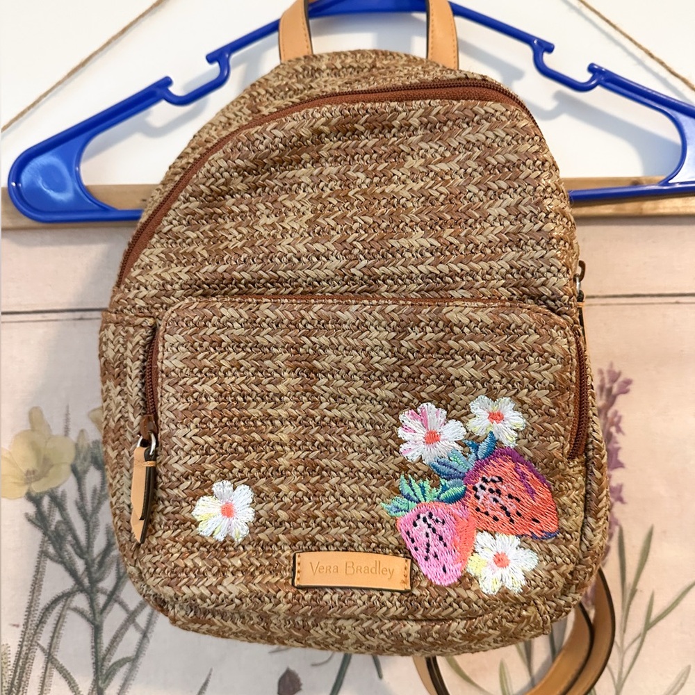 Vera Bradley Straw Embroidered Fruit Summer Spring Mini Backpack Brown